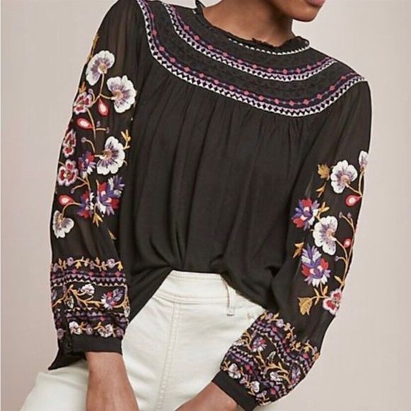 Anthropologie Tops - Anthropologie Akemi + Kin Louise Black Embroidered Floral Blouse Size Large